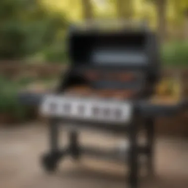 A detailed view of a gas grill showcasing its sleek design and features.