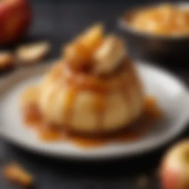 Decadent air-fried dessert featuring crispy apple slices drizzled with caramel sauce.