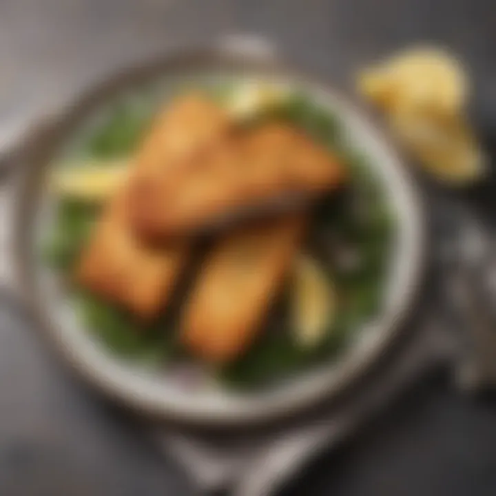 A plate of crispy air-fried fish fillets paired with a fresh side salad and lemon wedges.