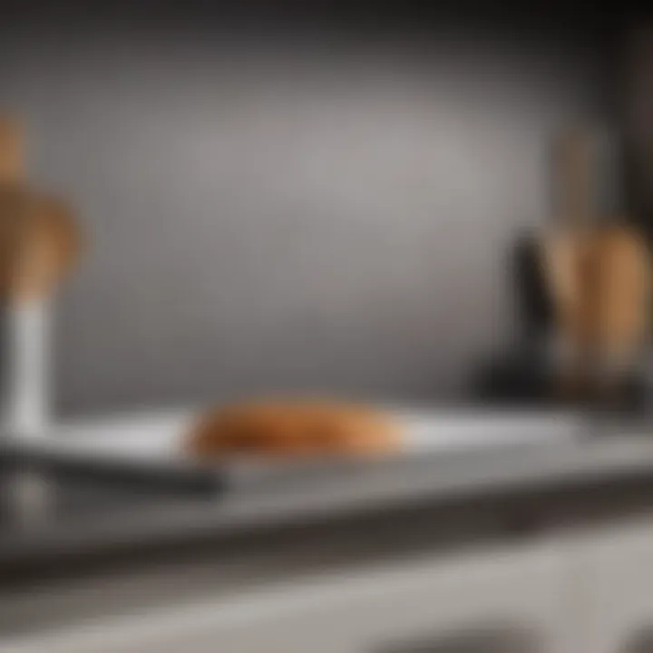 Close-up view of a non-stick shelf liner being applied to a kitchen shelf.