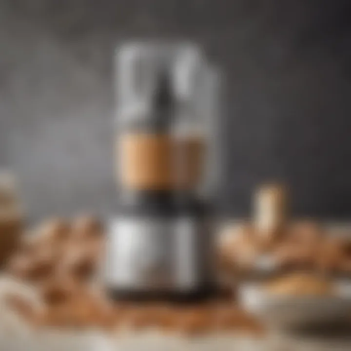 Close-up of a high-quality nut butter food processor with nuts and seeds around
