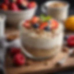 A close-up of a bowl filled with creamy overnight oats topped with fresh fruits and nuts
