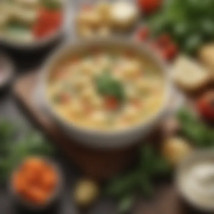 Close-up of gnocchi pieces alongside fresh vegetables and herbs used in the soup.