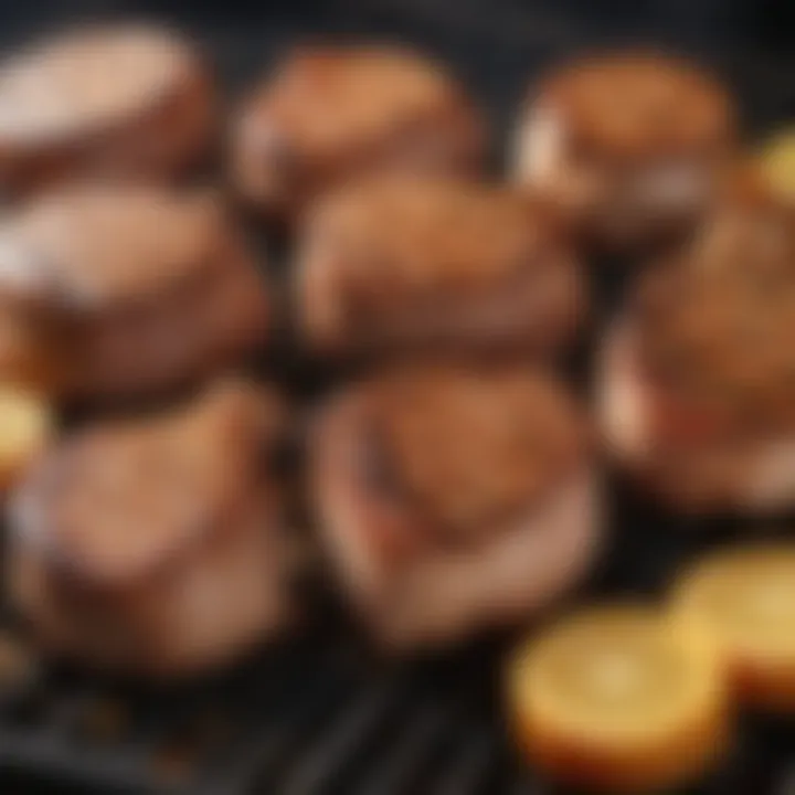 Grill with various pork chops ready to cook