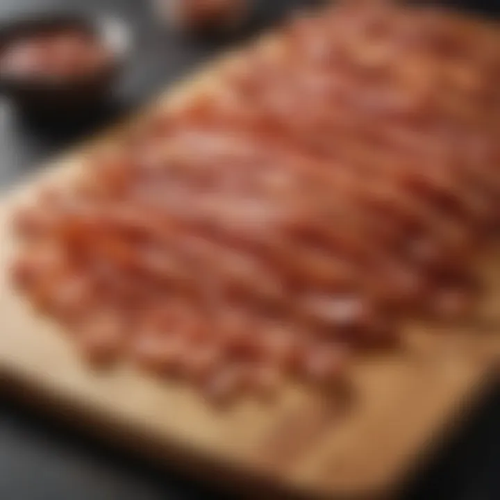 Crispy bacon strips arranged artistically on a cutting board