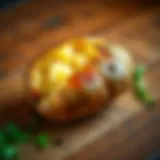 A perfectly baked potato with crispy skin and fluffy interior on a rustic wooden table.