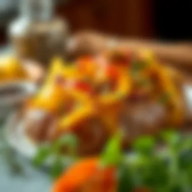 An exquisite baked potato dish garnished with herbs and spices, presenting an inviting appearance.