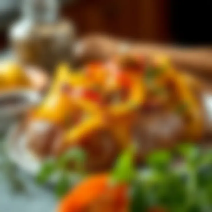 An exquisite baked potato dish garnished with herbs and spices, presenting an inviting appearance.