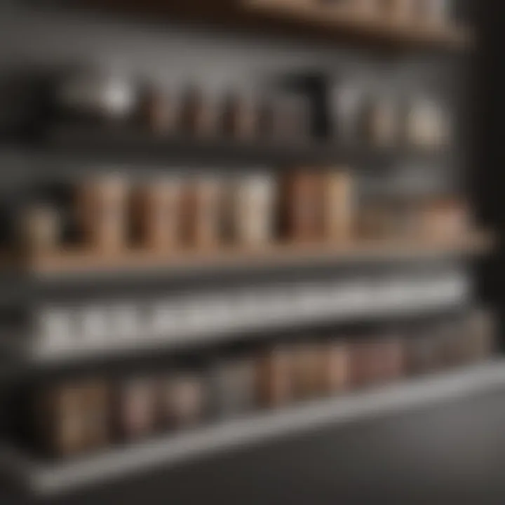 Stylish storage containers arranged neatly on a coffee bar shelf.