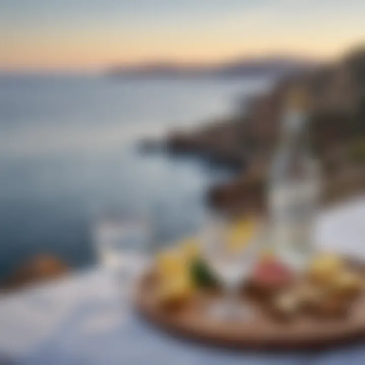 A scenic view of a Greek coastline with ouzo glasses set on a table