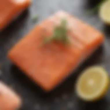 Close-up of seasoned salmon fillet ready for grilling