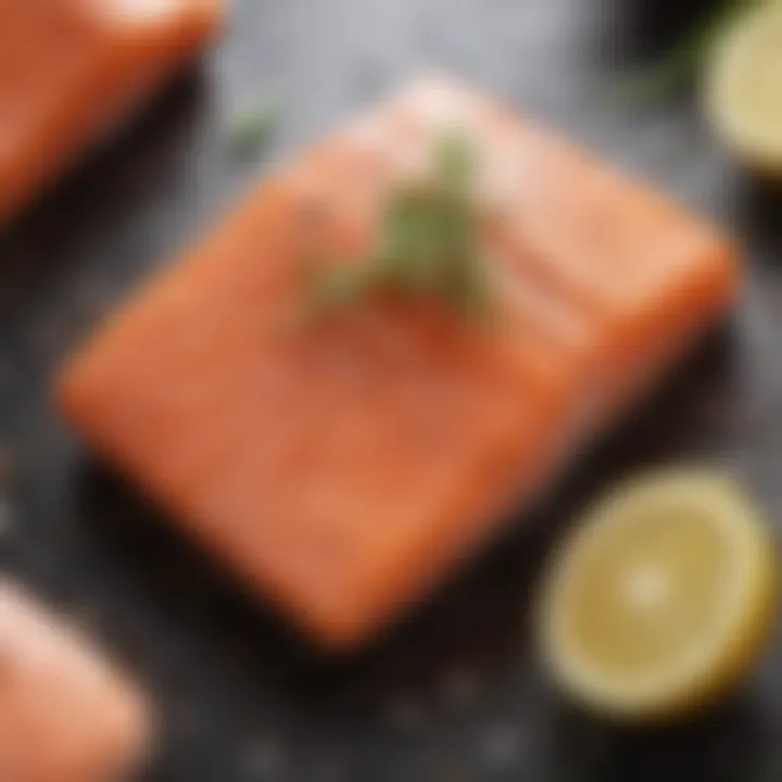 Close-up of seasoned salmon fillet ready for grilling