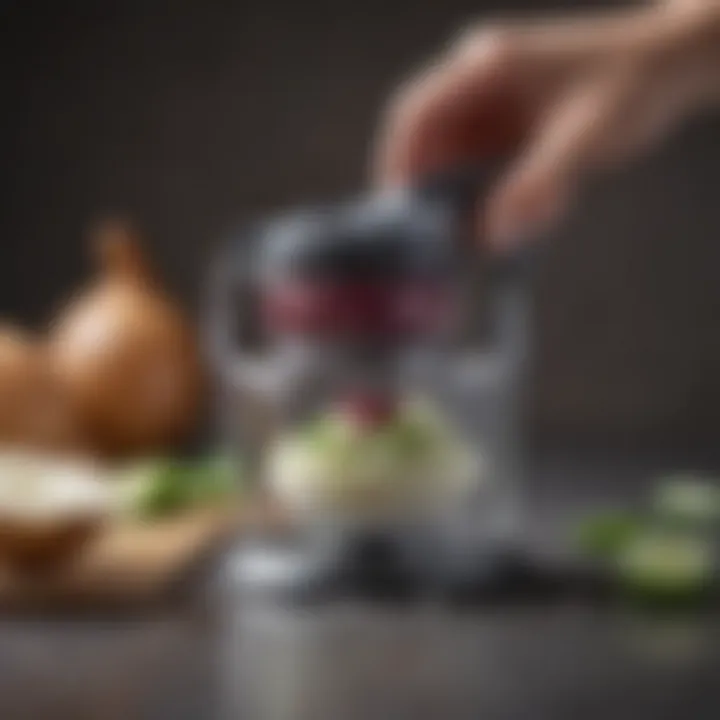 Easy cleaning procedure of the Pampered Chef onion chopper, emphasizing maintenance.