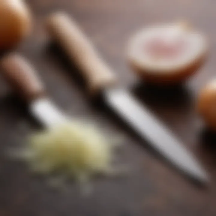 Side-by-side comparison of the Pampered Chef onion chopper with a traditional knife.