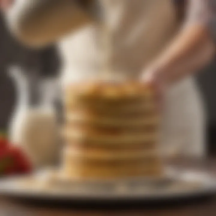 A close-up of pancake batter being poured from a stylish pitcher, emphasizing the texture.