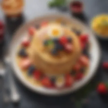 Gourmet Pancakes with Fresh Floral Accents A beautifully arranged plate of pancakes with fresh fruits and syrup, inviting to the eye.