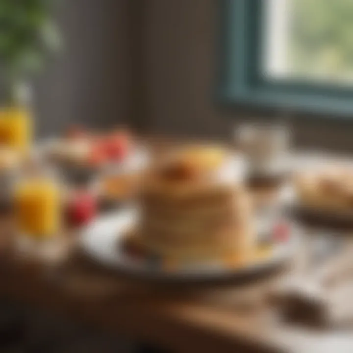 A beautifully styled breakfast table featuring pancakes and toppings