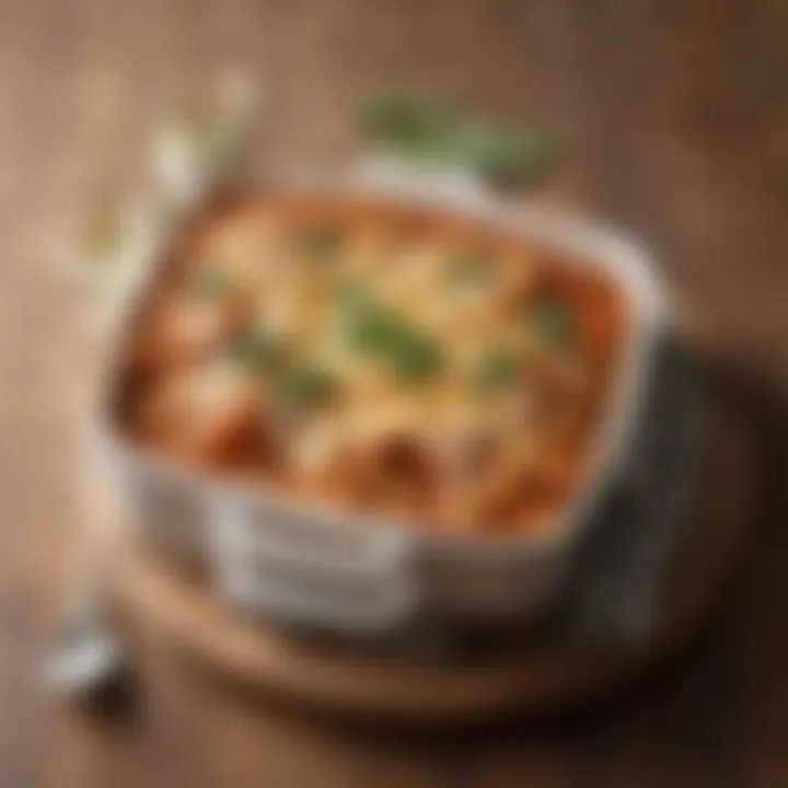 A rustic dish of baked ziti topped with melted cheese and herbs