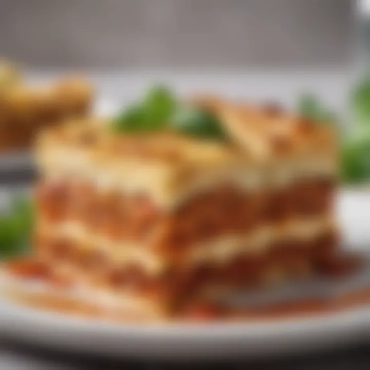 A close-up of a slice of plant-based lasagne on a plate, demonstrating its appetizing presentation.