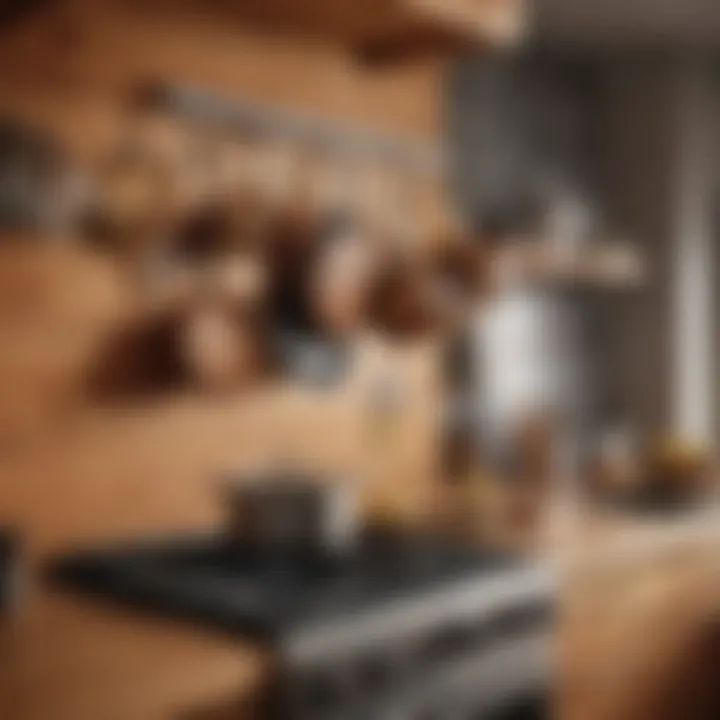 Close-up of a wooden pot rack complementing kitchen decor