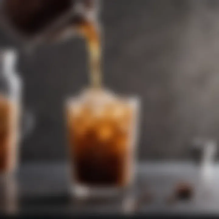 Freshly brewed coffee in a glass with ice cubes