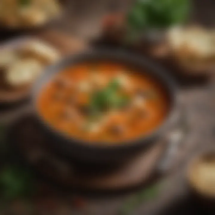 An appetizing bowl of soup garnished with fresh herbs and spices