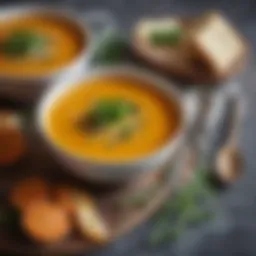 A vibrant bowl of carrot ginger soup garnished with fresh herbs