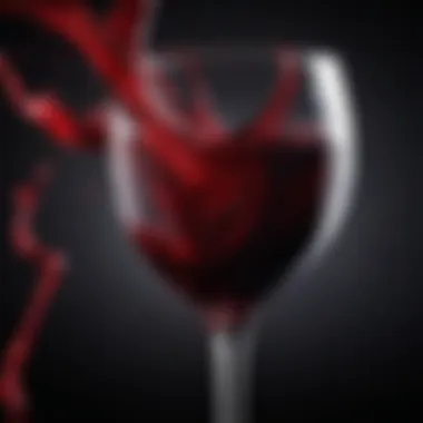 A close-up of rich red wine swirling in a glass, capturing its deep color and clarity.