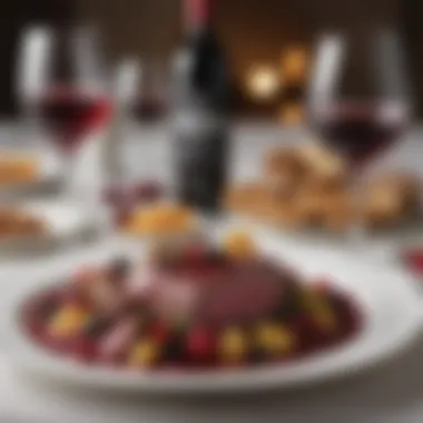 An elegant table setting with various red wines and gourmet food pairings.