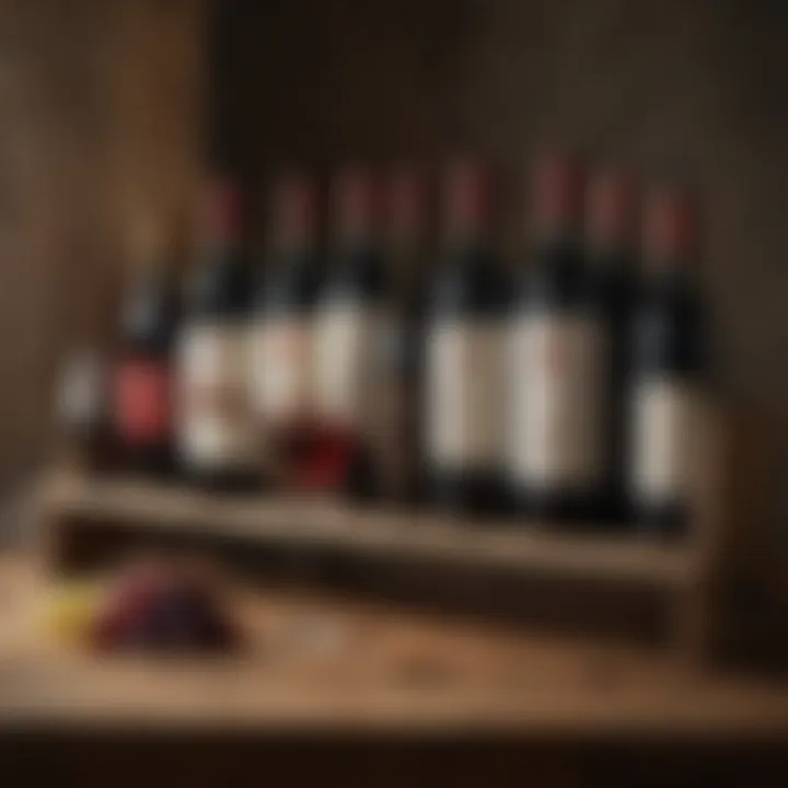 A vibrant selection of red wines showcased on a rustic wooden shelf, highlighting diversity.