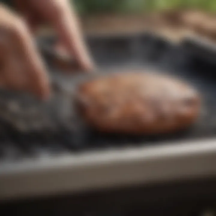 Grill being scrubbed with a brush to remove buildup