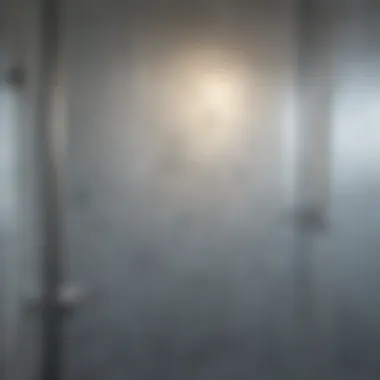 Close-up view of hard water stains on shower glass