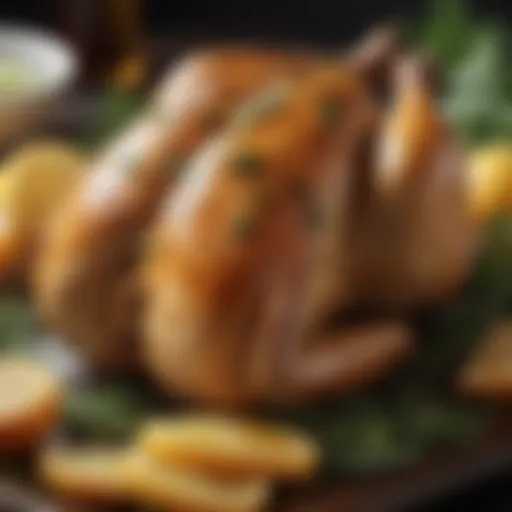 A beautifully roasted chicken garnished with fresh herbs and citrus slices.