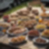 A beautifully arranged picnic table featuring gourmet ingredients for RV meals