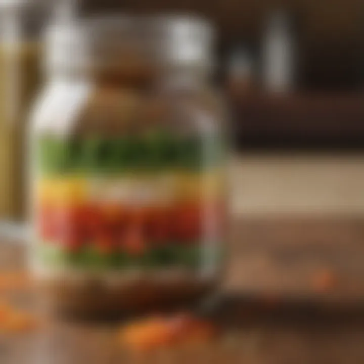 A jar filled with a colorful homemade salad seasoning mix