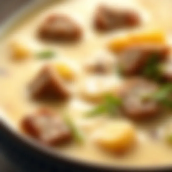 A close-up of creamy soup with chunks of sausage and potatoes, highlighting textures