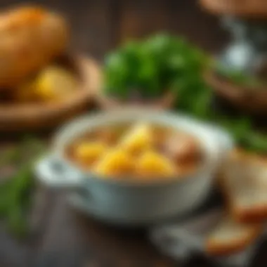 A rustic bowl of sausage and potato soup garnished with fresh herbs