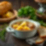 Rustic Bowl of Sausage and Potato Soup A rustic bowl of sausage and potato soup garnished with fresh herbs