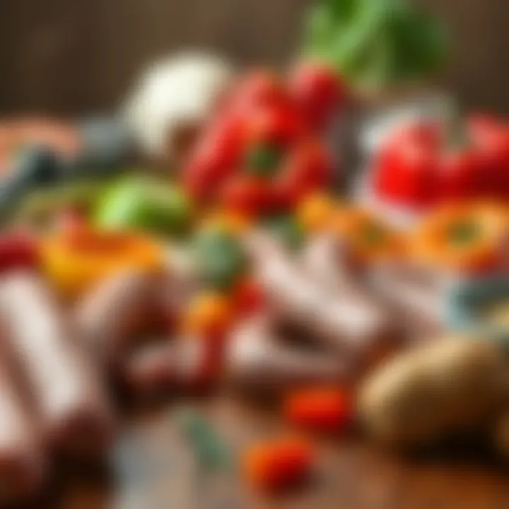 An array of colorful vegetables and sausages laid out on a wooden table