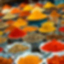 A vibrant assortment of spices in decorative bowls