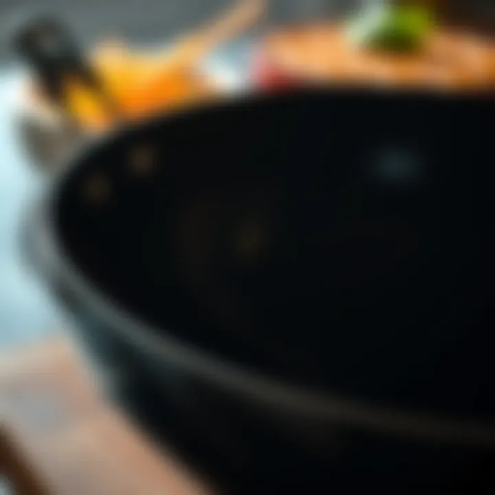 A close-up of a high-quality wok's surface highlighting craftsmanship