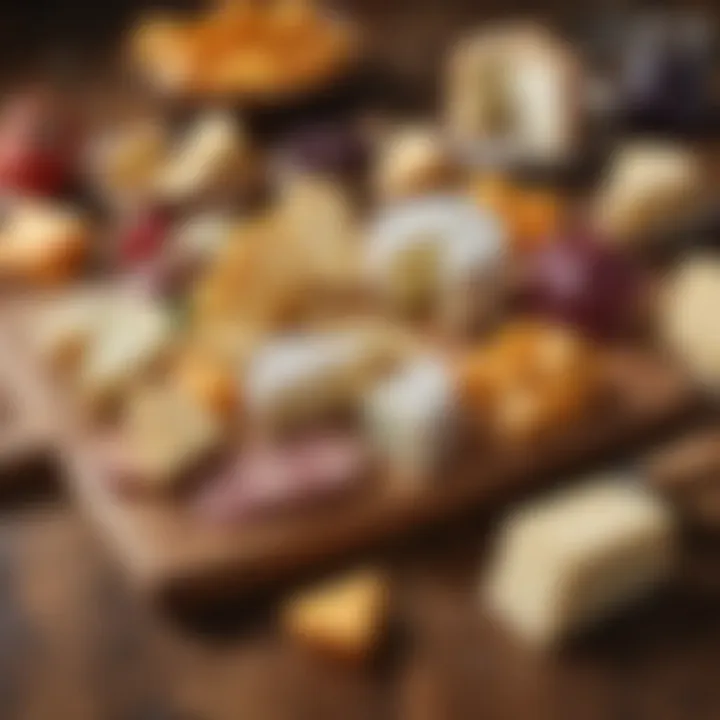 A selection of cheeses laid out on a wooden board