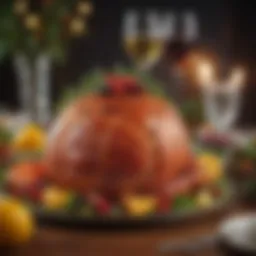 A beautifully glazed holiday ham garnished with fruits and herbs