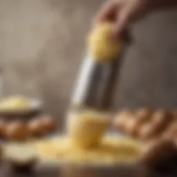 Close-up of an immersion blender blending potatoes to a creamy texture