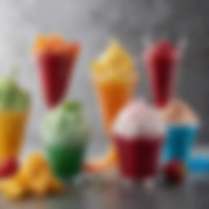 A vibrant array of colorful flavored syrups used for shaved ice cream creations