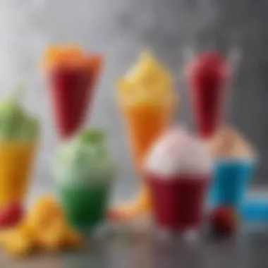 Innovative Flavors for Shaved Ice Creations A vibrant array of colorful flavored syrups used for shaved ice cream creations