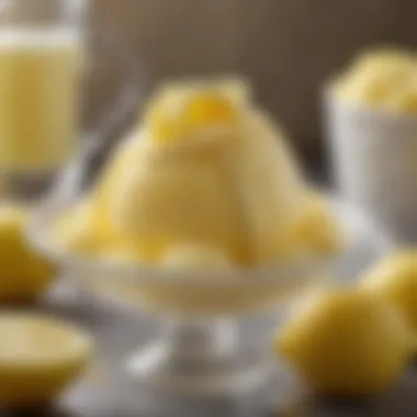 A close-up of lemon sherbet being served, highlighting its enticing color and texture