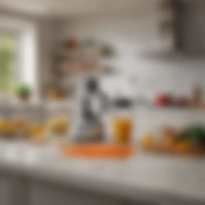 An organized kitchen setup featuring a food processor with slicing capabilities