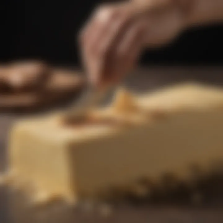 A chef's knife slicing through a cocoa butter block, emphasizing its solid form before melting.