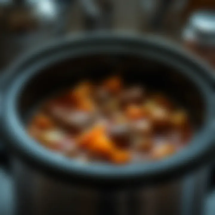 A slow cooker filled with a hearty vegetable and meat stew simmering